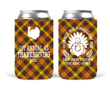 Load image into Gallery viewer, Friendsgiving Plaid Party Huggers. Gobble Me Thanksgiving Party Favors. Turkey Party Coolies. Thanksgiving Wedding Shower Coolies!

