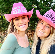 Load image into Gallery viewer, Pink and White Cowboy Hats | Cowgirl Bachelorette Gifts | Nashville, Austin Birthday Party Favors | Pink Bachelorette Cowgirl Hats| Bride
