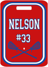 Load image into Gallery viewer, Lacrosse Bag Tag. Great LAX gifts for the team! Monogram, first or last name, and number. Any school colors can be used!

