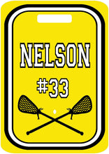 Load image into Gallery viewer, Lacrosse Bag Tag. Great LAX gifts for the team! Monogram, first or last name, and number. Any school colors can be used!
