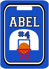 Load image into Gallery viewer, Basketball Bag Tag. Great Basketball team present or Birthday gift. Monogram or Last name, and number. Any school colors can be used!
