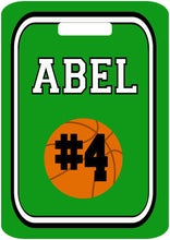 Load image into Gallery viewer, Basketball Bag Tag. Great Basketball team present or Birthday gift. Monogram or Last name, and number. Any school colors can be used!
