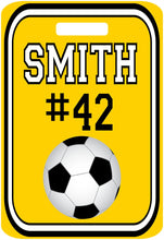 Load image into Gallery viewer, Personalized Soccer Bag Tags are ideal gifts for the soccer star! Great Birthday present or team award gift. Soccer Luggage tags too.
