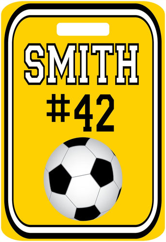 Personalized Soccer Bag Tags are ideal gifts for the soccer star! Great Birthday present or team award gift. Soccer Luggage tags too.