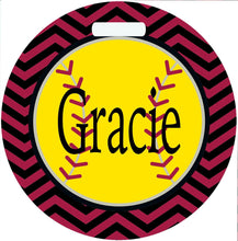 Load image into Gallery viewer, Softball Bag Tag. Monogrammed Tag Perfect on a Softball bag or luggage! Softball player gift. Great team or Coaches gift. Custom colors!
