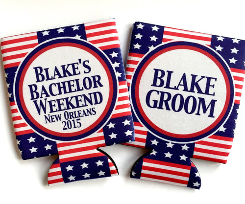 USA Party Huggers. Guy's 'Merica Birthday Coolies! USA Bachelor Party Gifts. America Men's Birthday Favors. Guys Bachelor Weekend Huggers.