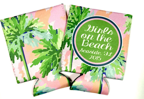 Palm Tree Sunset Huggers. Bachelorette or Birthday Beach Party Favors. Personalized Family Vacation Beach Coolies!