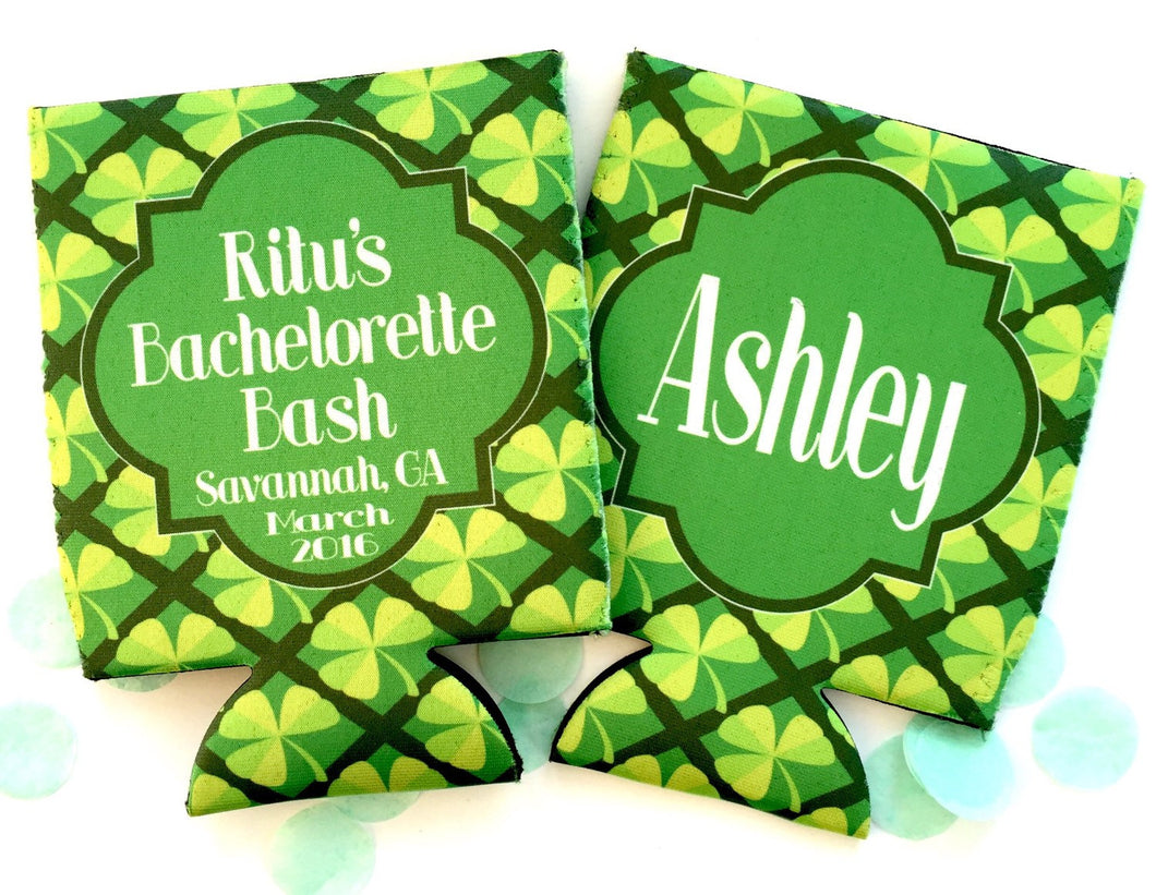 Shamrock Huggers. St Patrick's Day Party Favors. St Patricks Bachelorette Koolies. Monogram Irish Party Favors. Personalized Can Coolers!