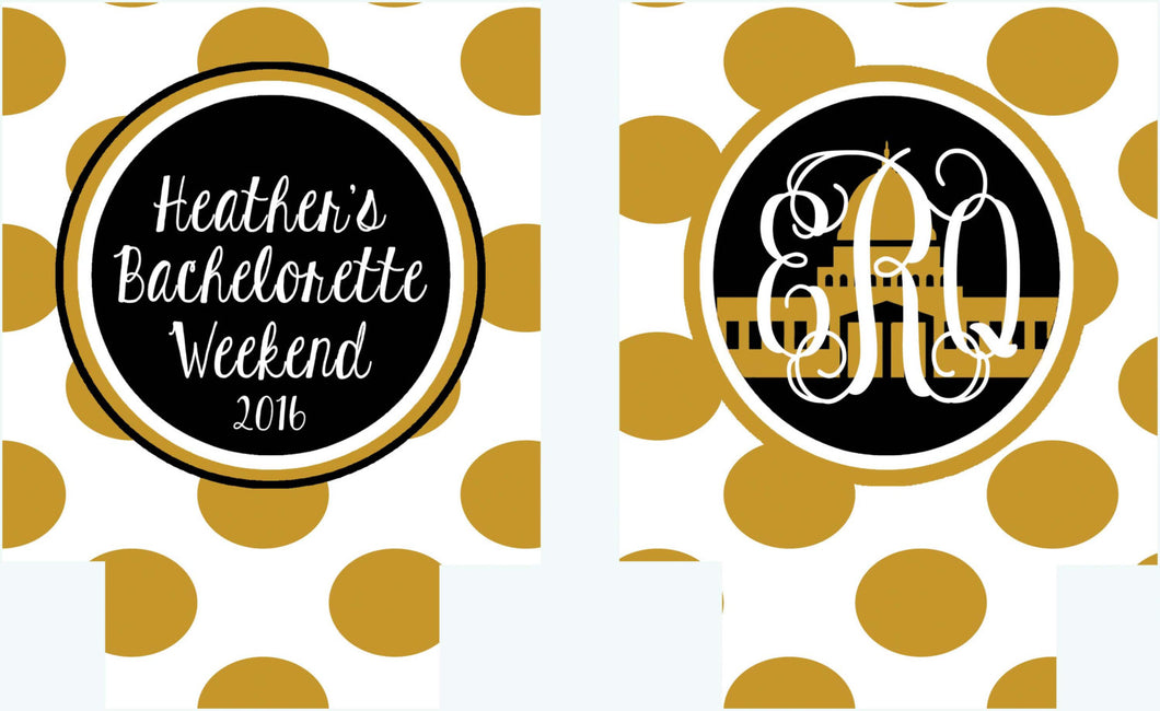 Gold and White Polka Dot Huggers. Bachelorette or Birthday Huggers. Personalized Gold and Black Bachelorette Party Favors.