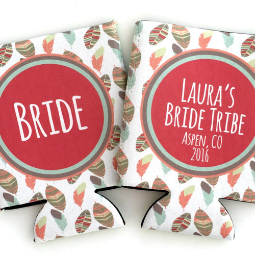 Tribal Feathers Huggers. Bride Tribe Bachelorette Weekend Huggies. Boho Chic Birthday Coolies. Girls Weekend Favors. Bride Tribe Favors!