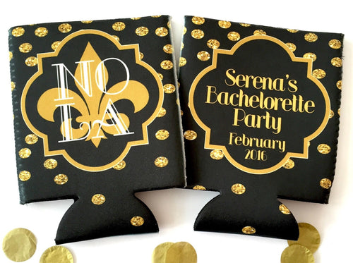 New Orleans Gold GlitterPolka Dot Huggers. NOLA Bachelorette or Birthday Party Coolies. New Orleans Party Favors. Personalized NOLA Coolies!