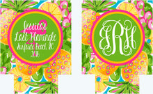 Load image into Gallery viewer, Pineapple and Flamingo Huggers. Tropical Bachelorette or Birthday Coolies. Monogram Pineapple Huggers. Pineapple Wedding Shower Huggers!
