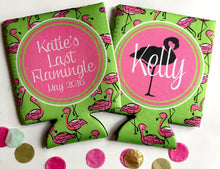 Load image into Gallery viewer, Pink Flamingo Huggers. Birthday or Girls Weekend Coolies. Flamingo Bachelorette Party Favors. Personalized Flamingle Coolies. Flamingo FUN!
