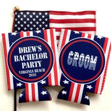 Load image into Gallery viewer, Ski Party Huggers. &#39;Merica Birthday Ski Coolies! Ski Party Gifts. Flag Birthday Koolies. Ski Vacation Huggers
