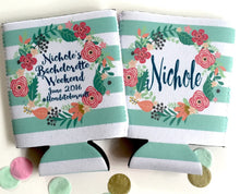 Load image into Gallery viewer, Wreath Wedding or Bachelorette Huggers.  Personalized Bachelorette Coolies. Birthday Party Favors. Monogram Coolies! Bridesmaid Gifts.
