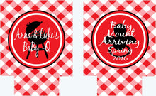 Load image into Gallery viewer, Baby Q Baby Shower Drink Insulators. BBQ Baby Shower Favors. Baby Shower Favors. Gender Reveal Party Favors. Personalized Baby Q Coolies!
